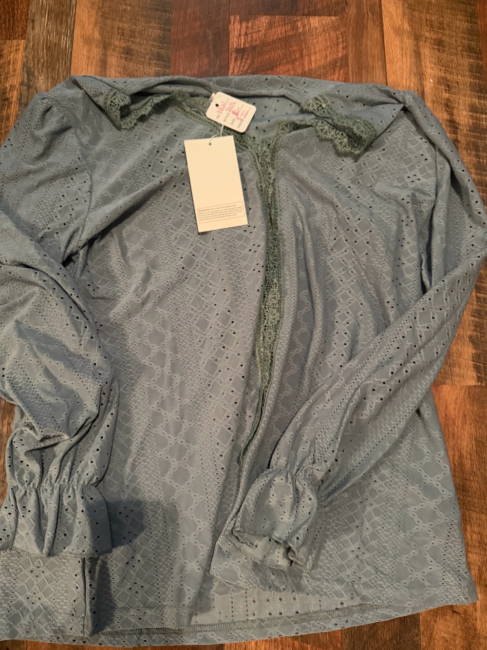 Dusty Blue Eyelet Lace Blouse with Crochet Trim
